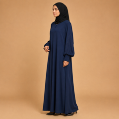 Elegant Navy Blue Modest Abaya for Women with Embellished Balloon Sleeves