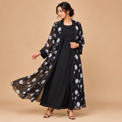 Women's Floral Print Maxi Dress with Sheer Long Shrug