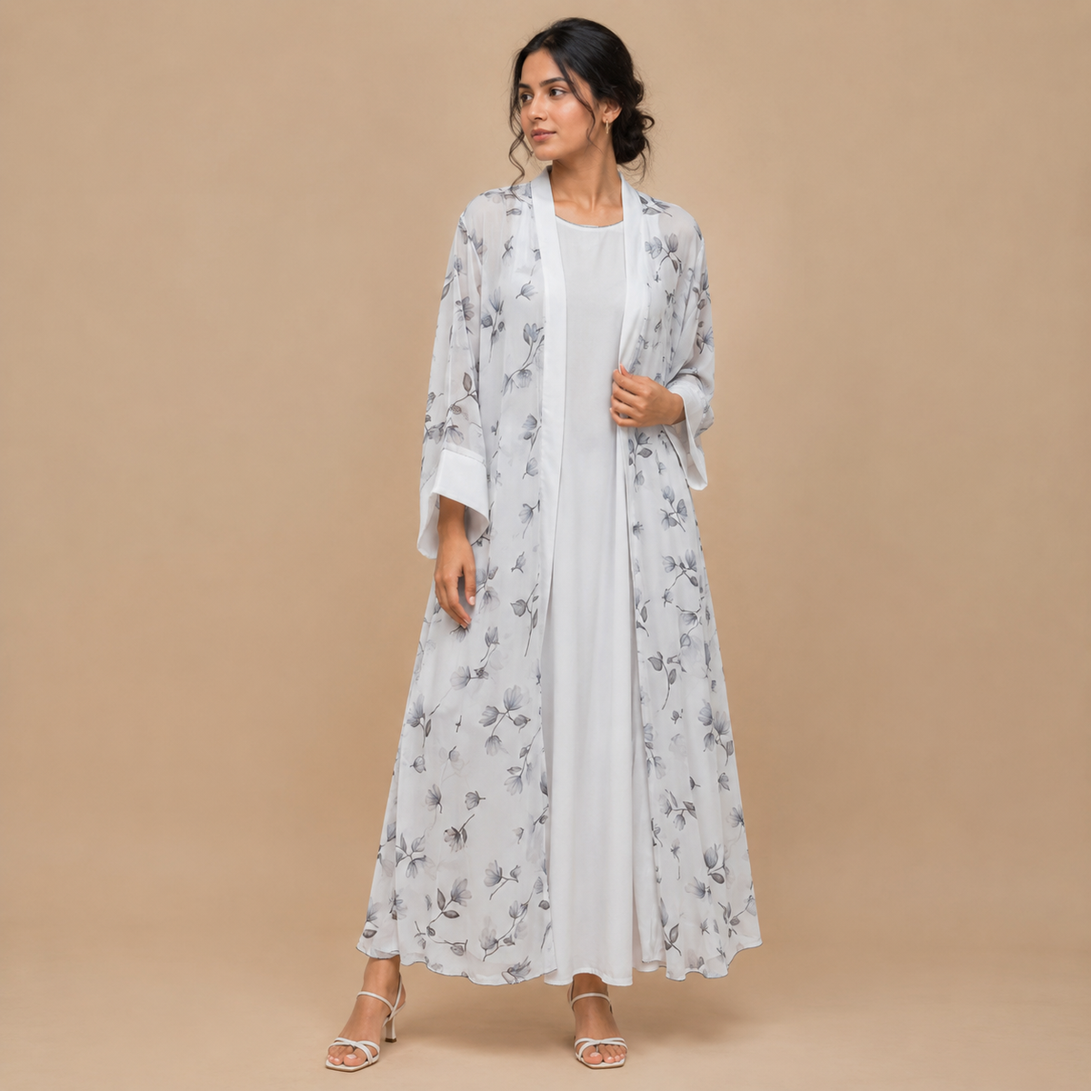 Women's Floral Print Maxi Dress with Sheer Long Shrug