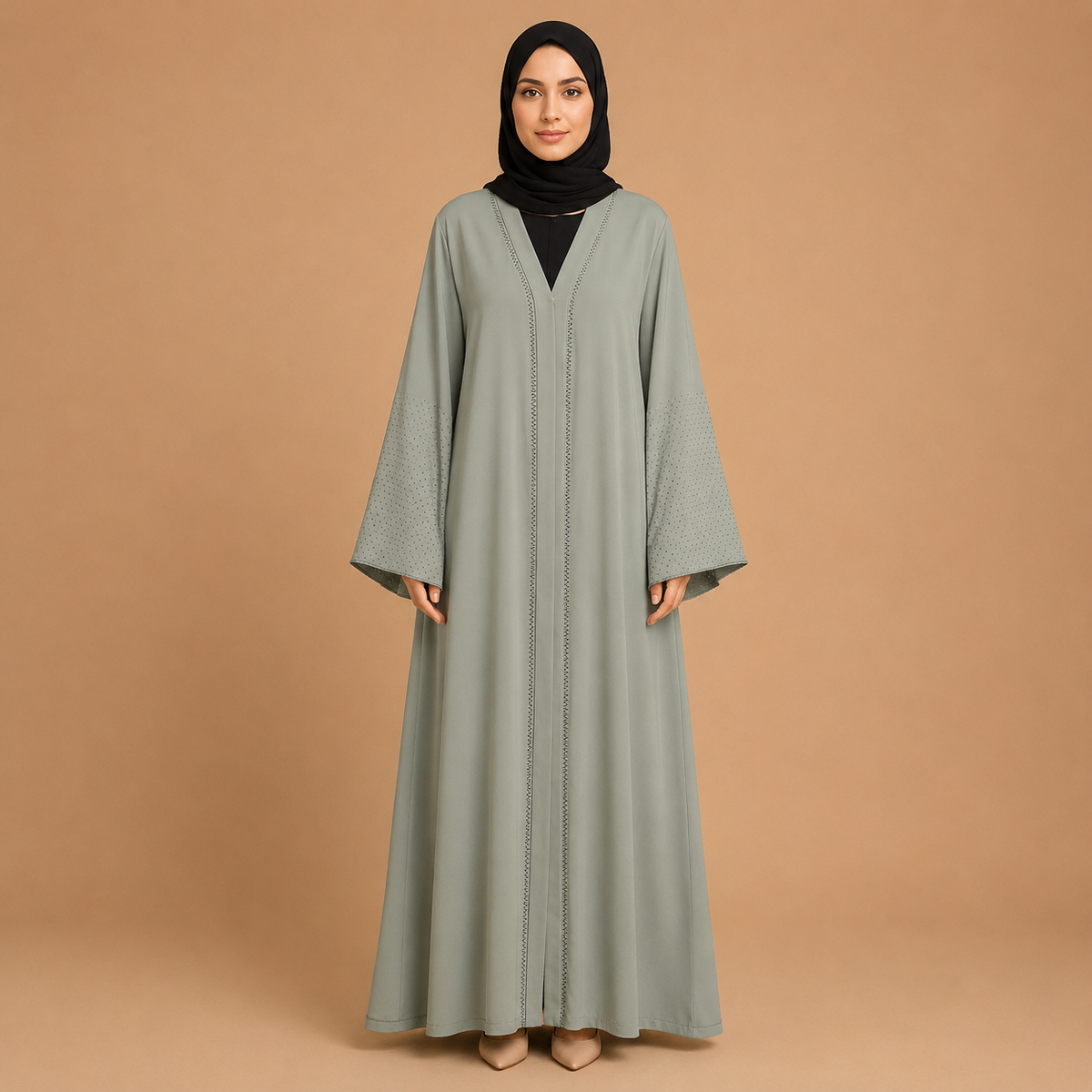 Women's Sage Grey Open Front Abaya with Crystal Embellished Sleeves