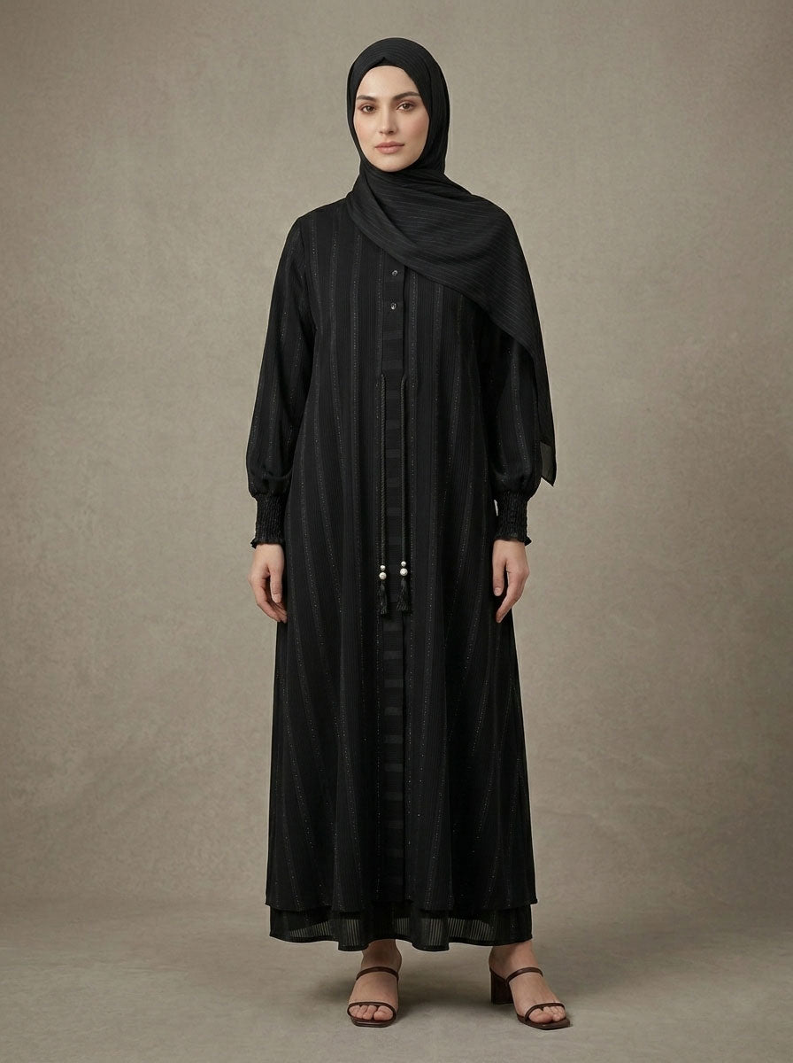 Pinstripe Abaya with Smocked Cuff Detail