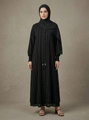 Pinstripe Abaya with Smocked Cuff Detail