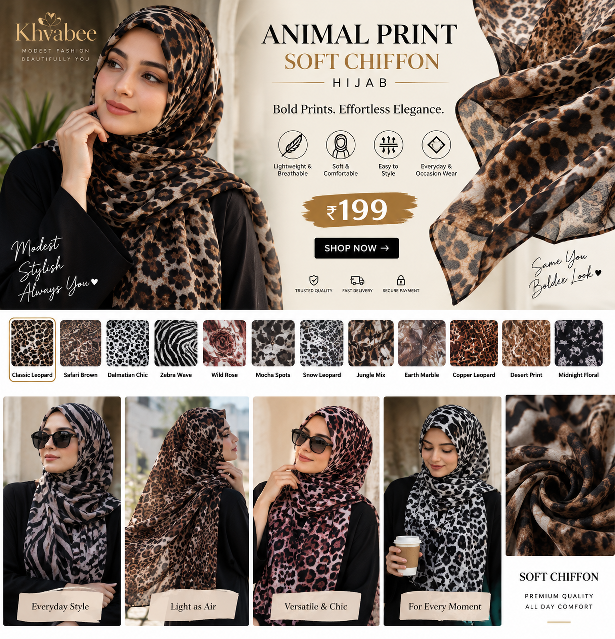 Animal Print Soft Chiffon Hijab lifestyle showcase by Khwabee