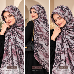 Mauve Rose Leopard Print Hijab styled on models