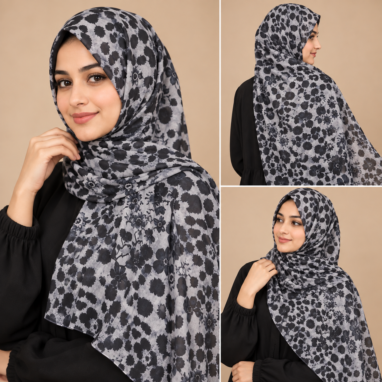 Monochrome Leopard Print Hijab styled on models