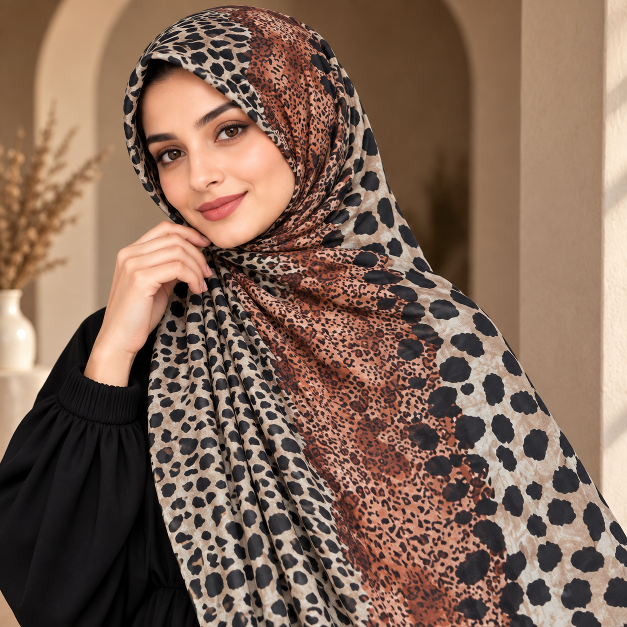 Rust and Cream Leopard Print Hijab fabric detail