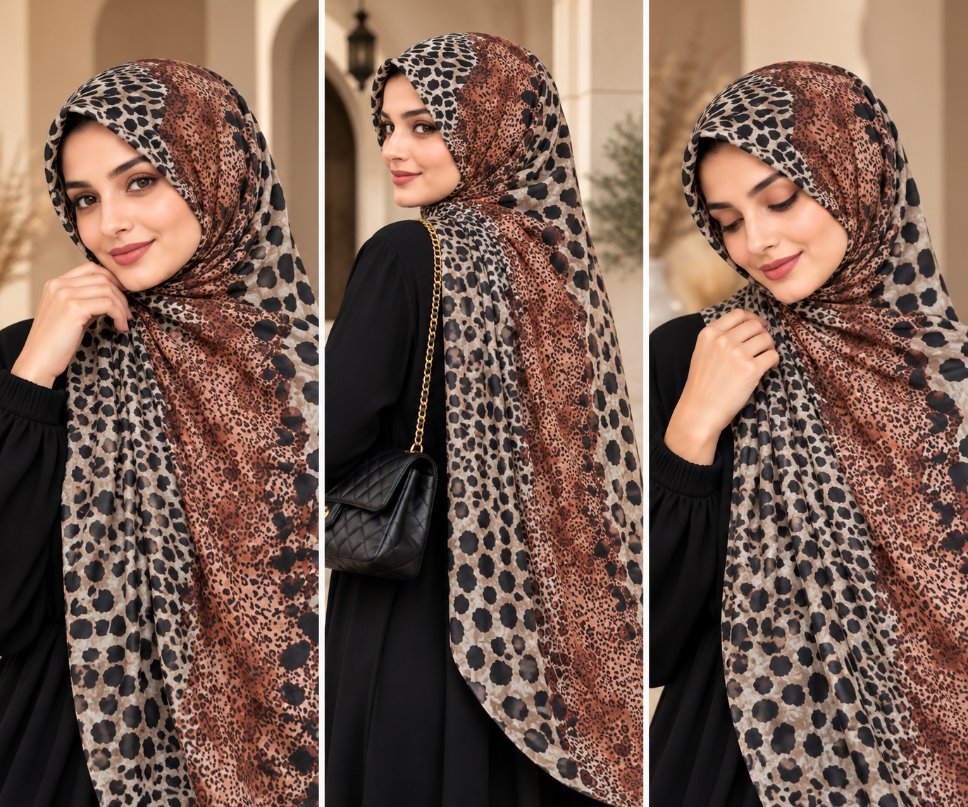 Rust and Cream Leopard Print Hijab styled on models
