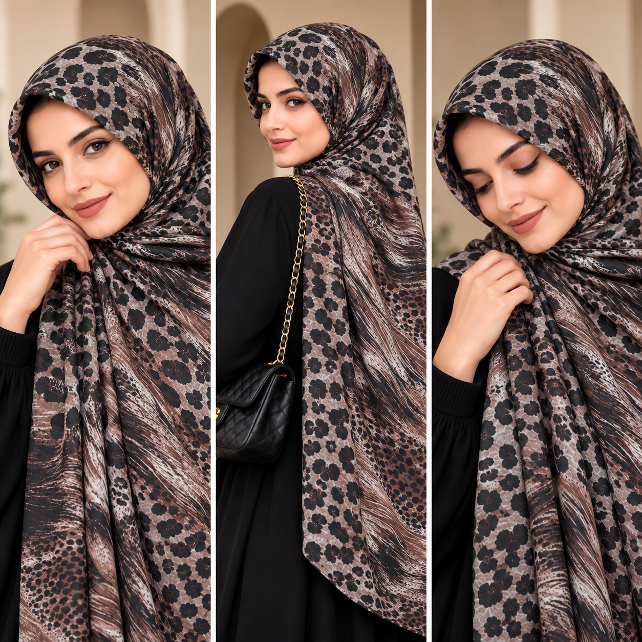 Wild Mocha Print Hijab styled on models