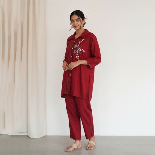 Crimson Embroidered Cotton Co-ord Set | Chic Maroon Shirt and Pant Set with Floral Detailing
