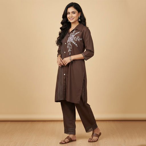 Chic Brown Cotton Co-ord Set with White Floral Embroidery and Lace Detail