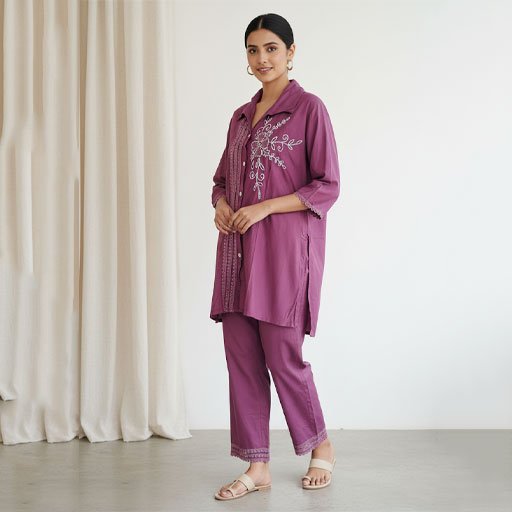 Plum Purple Embroidered Cotton Co-ord Set | Elegant Lilac Shirt & Pant with Floral Motif
